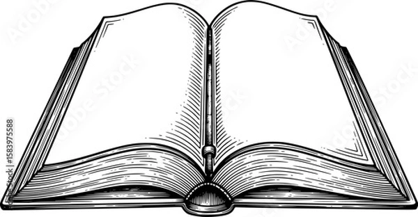Obraz Open book with curved pages and central binding in hand-drawn style