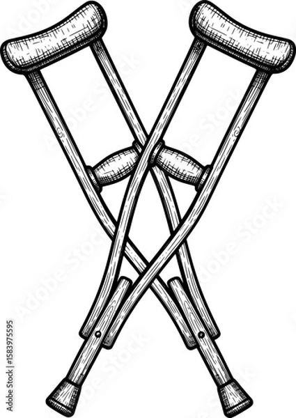 Obraz Crossed crutches with wooden texture and support pads in hand-drawn style