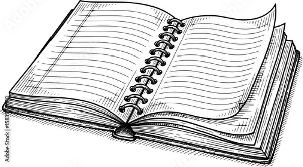 Obraz Open notebook with lined pages and spiral binding in hand-drawn style