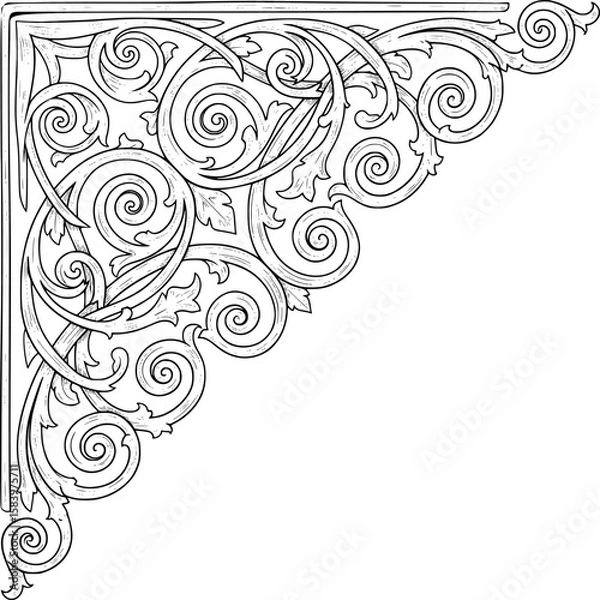 Obraz Corner ornament with twisting vines and spiral lines in hand-drawn style