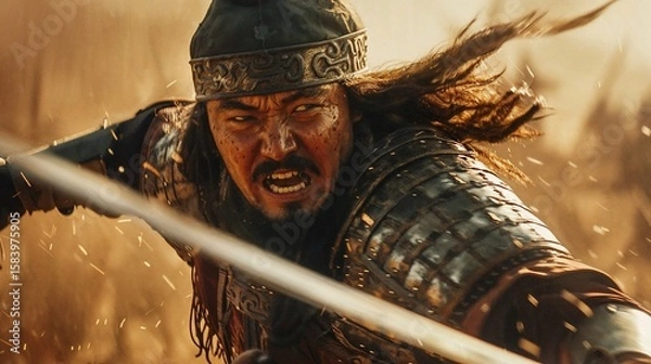 Fototapeta Fierce Mongol warrior in traditional armor wielding sword during intense battle scene with dramatic lighting and dust particles creating cinematic atmosphere