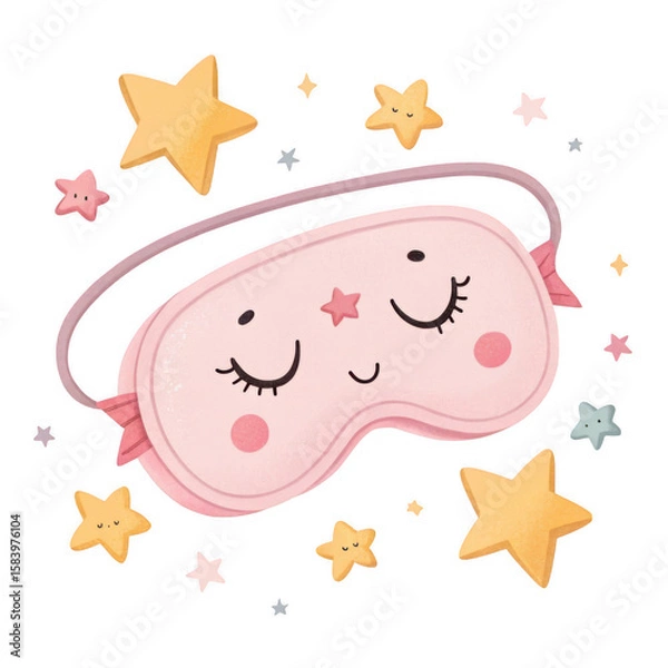 Fototapeta Cute pink sleeping mask with happy face surrounded by falling stars on black background
