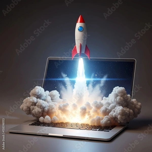 Fototapeta Laptop Launch Ignite Your Imagination with a Soaring Rocket, Visualize digital success.