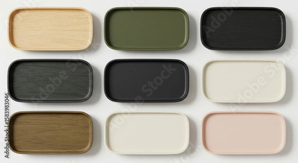 Fototapeta Collection flat lay of rectangular minimalist serving trays in various natural and muted colors, isolated on white background - modern home and kitchen decor concept