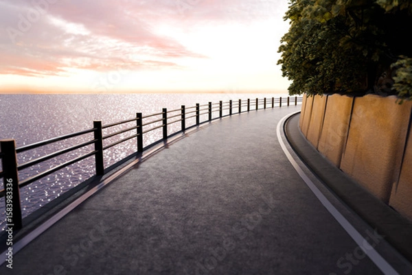 Fototapeta 夕日がキラキラ海面に反射するガードレールがある海沿いの道
