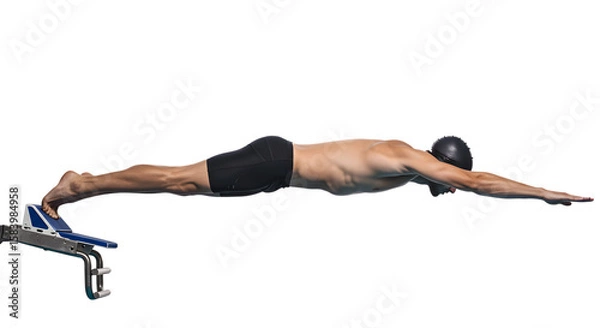 Fototapeta A Competitive Male Swimmer Executing a Powerful and Streamlined Dive off a Starting Block on isolated transparent background.
