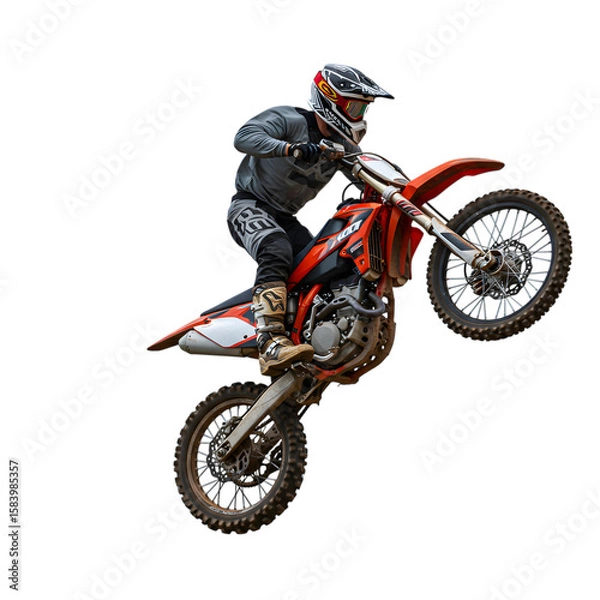 Obraz A Motocross Rider Performing a Stylish Mid-Air Whip Trick on a Dirt Bike on isolated transparent background.