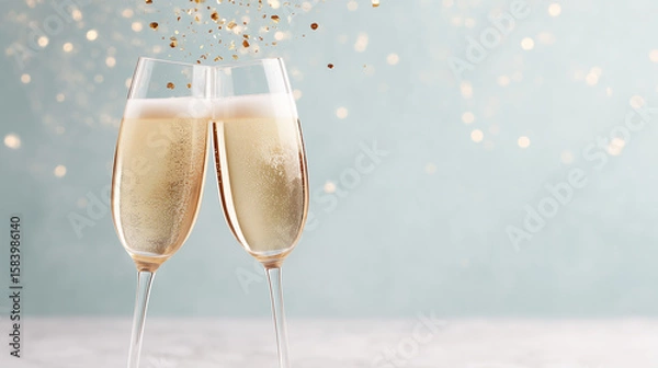 Fototapeta Two champagne flutes clinking together against a soft blue background with sparkling confetti