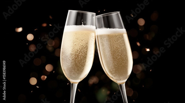 Fototapeta Two flutes of sparkling beverage toast against a festive dark background with shimmering lights