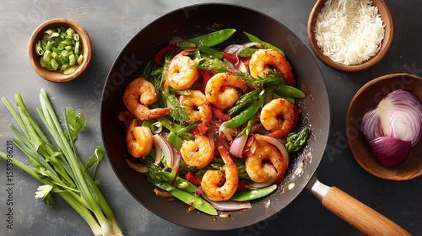 Fototapeta Delicious shrimp stir-fry with vegetables and rice prepared in a skillet on a rustic kitchen countertop