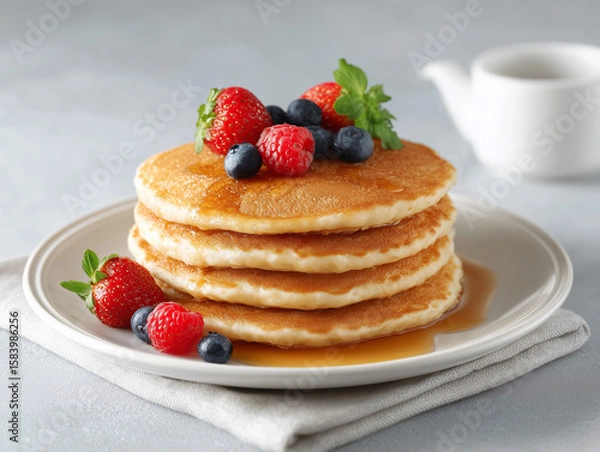 Fototapeta Delicious stack of fluffy pancakes topped with fresh berries and syrup on a light textured background