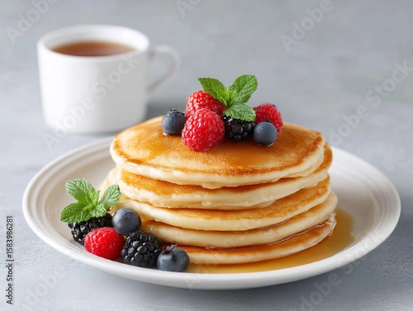 Fototapeta Fluffy pancakes topped with fresh berries and mint served with a cup of tea