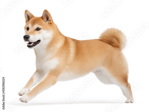 Fototapeta Happy shiba inu playing indoors in bright light, showcasing its joyful expression and energetic leap