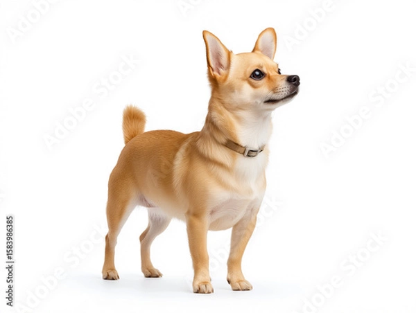 Fototapeta Small tan dog stands alert with erect ears in a bright, simple background during a calm moment