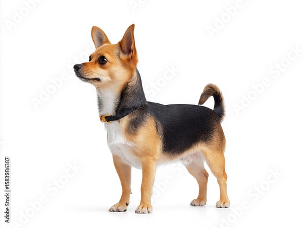 Fototapeta Small dog stands proudly, showcasing vibrant fur coat in an indoor setting during daytime