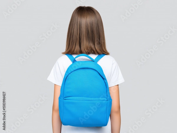 Fototapeta Child with a blue backpack facing away against a plain background, ready for school or an adventure