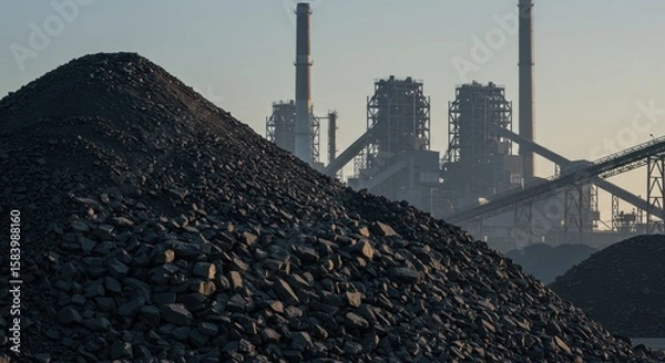 Fototapeta A large pile of coal in the foreground with a power plant and smokestacks visible in the background.