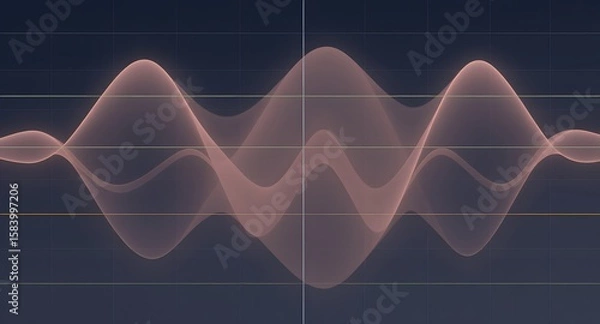 Fototapeta Abstract visualization of sound waves in a symmetrical display with soft red lines against a dark background. Dynamic wave forms. Digital illustration.