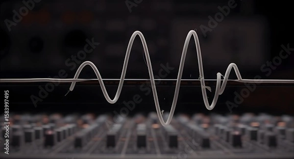 Fototapeta Abstract representation of sound waves over a sound mixer in a dark studio environment with selective focus and a shallow depth of field emphasizing the waveform and equipment details.