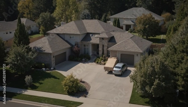 Fototapeta Modern drone delivers package near house with modern architecture. Drone in flight near two-story house in urban residential area. Home delivery service with convenience, speed. Innovative technology