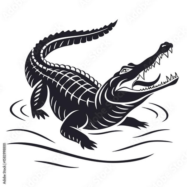 Fototapeta Stylized silhouette of an aggressive alligator emerging from water with open jaws