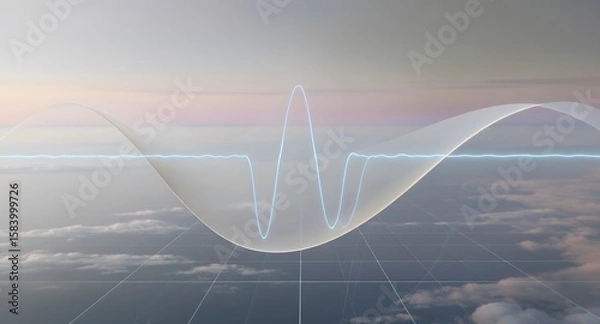 Fototapeta Abstract digital design featuring a wave-like structure over a cloudy sky with lines and subtle blue lighting. The image conveys a sense of data visualization and futuristic concept.