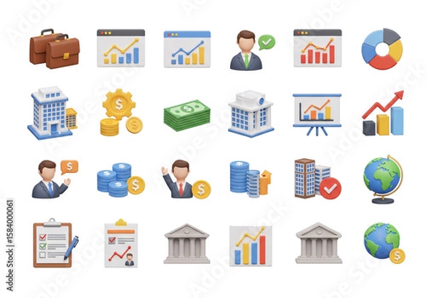 Fototapeta Collection of 3d business and finance icons including graphs money buildings and people isolated on transparent background