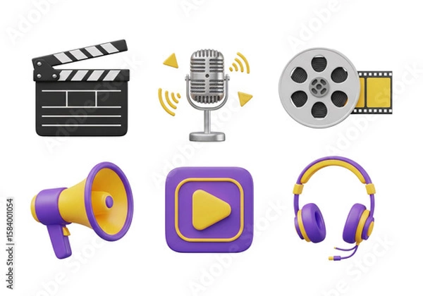 Fototapeta Collection of media production icons including a clapperboard microphone film reel play button headphones and megaphone isolated on transparent background