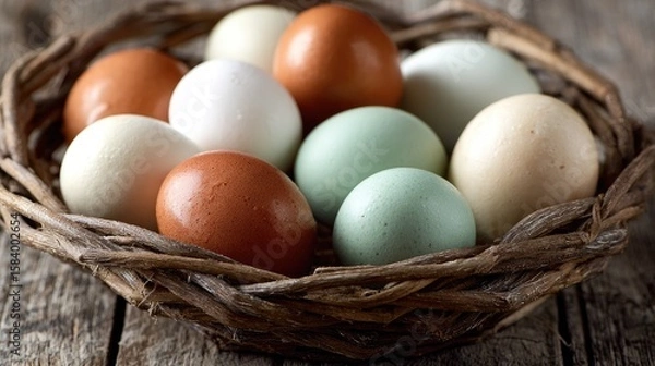 Fototapeta Assorted eggs in a rustic nest