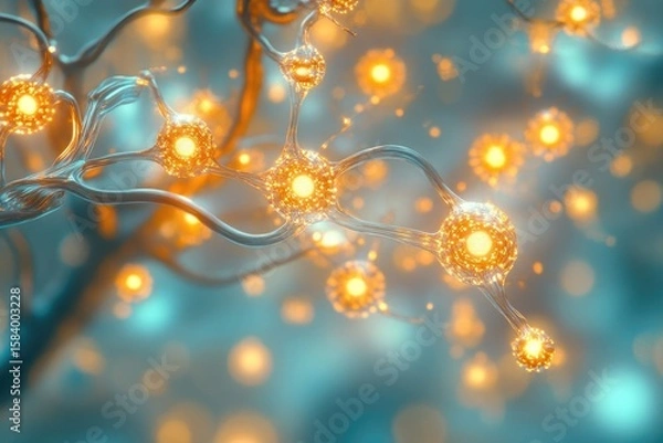 Fototapeta Neurons firing in a neural network, with glowing orange synapses against a blurred turquoise background.