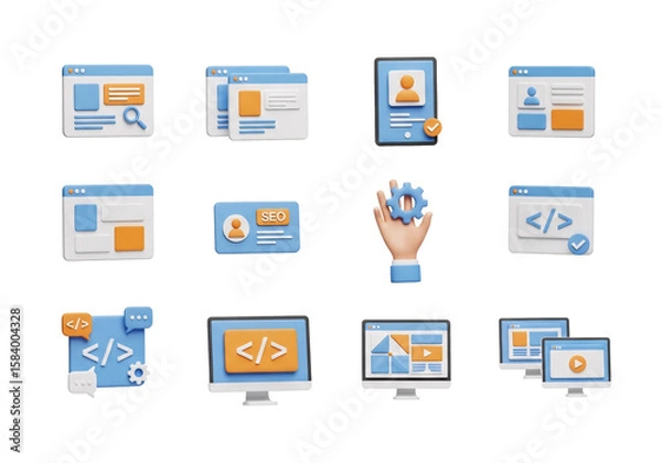 Fototapeta Collection of 3d ui and ux design elements for web and app development isolated on transparent background
