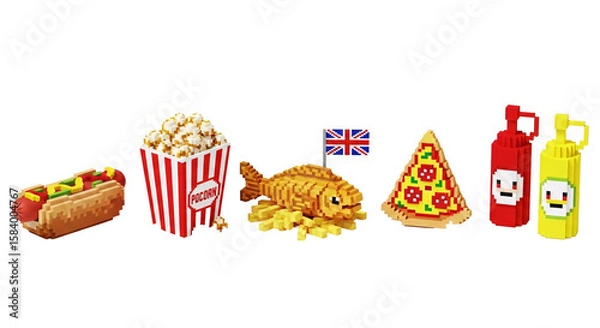 Fototapeta Pixelated fast food items including hot dog popcorn fish and chips pizza and condiments isolated on transparent background
