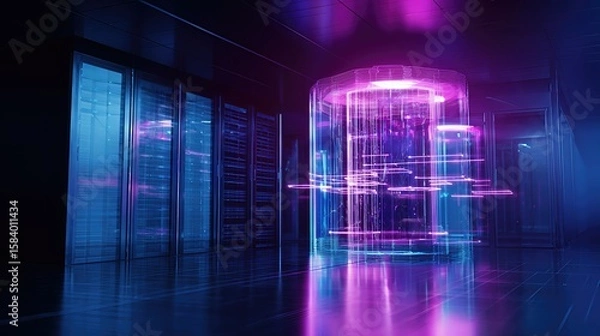Obraz A futuristic data center lit with neon lights, offering a glimpse into a high-tech server room. Featuring state-of-the-art technology, this image showcases the convergence of data and innovation. 