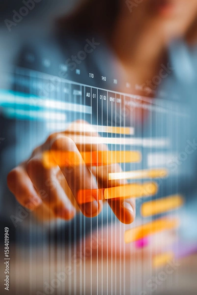 Obraz Business concept of project management and timeline scheduling with AI tech. A professional analyzing Gantt charts and tracking workflow progress with advanced planning and deadline execution tools.