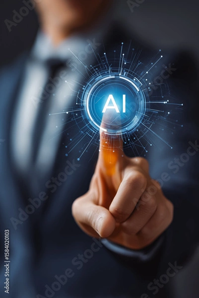 Obraz Businessman using AI agent interface for smart automation and digital communication. Concept of artificial intelligence, chatbot, virtual assistant, and generative AI technology.