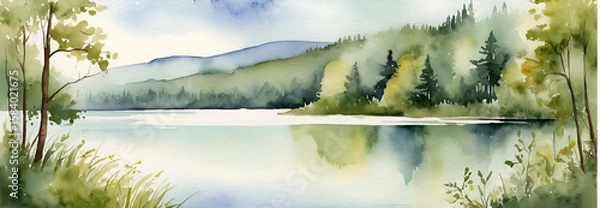 Fototapeta Watercolor Landscape of Serene Mountain Lake with Evergreen Forests and Misty Hills