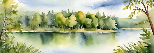 Fototapeta Watercolor Landscape of Serene Mountain Lake with Evergreen Forests and Misty Hills