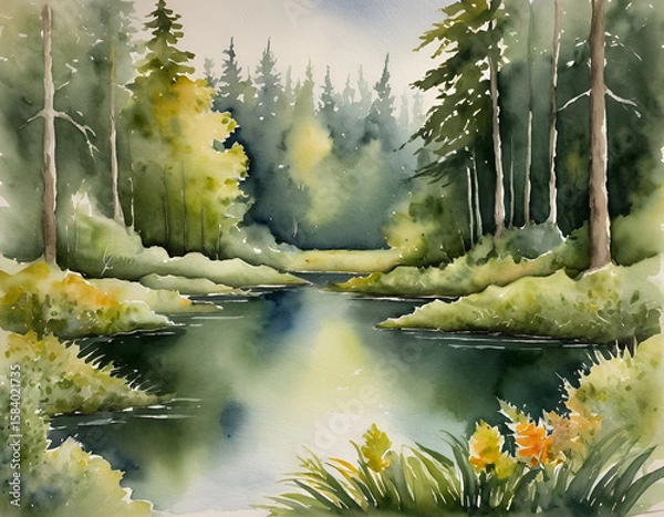 Fototapeta Watercolor Painting of a Tranquil Forest Pond with Lily Pads and Reflecting Green Trees