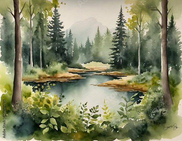 Fototapeta Watercolor Painting of a Tranquil Forest Pond with Lily Pads and Reflecting Green Trees