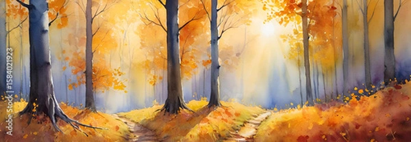 Fototapeta Watercolor Autumn Forest Path with Golden Sunlight and Vibrant Fall Foliage