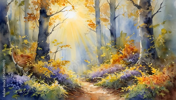 Fototapeta Watercolor Autumn Forest with Sun Rays, Golden Leaves, and Enchanting Pathway