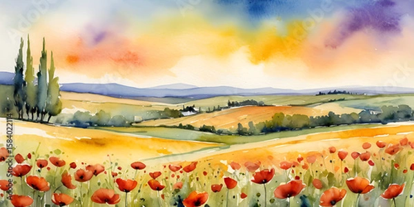 Fototapeta Watercolor Poppy Field and Cypress Trees in Tuscan Countryside at Sunset