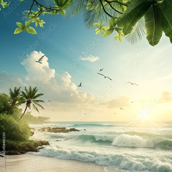 Fototapeta Sunny Summer Background with Tropical Elements – Photorealistic, Clean, Text-Friendly Composition
