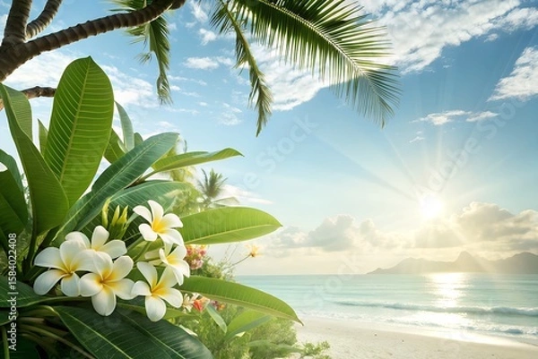 Fototapeta Sunny Summer Background with Tropical Elements – Photorealistic, Clean, Text-Friendly Composition