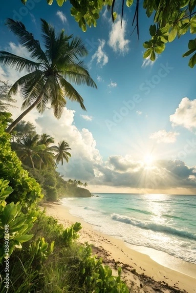 Fototapeta Sunny Summer Background with Tropical Elements – Photorealistic, Clean, Text-Friendly Composition
