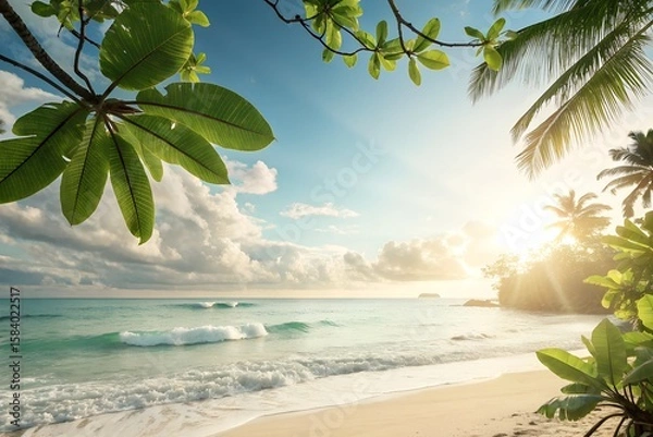 Fototapeta Sunny Summer Background with Tropical Elements – Photorealistic, Clean, Text-Friendly Composition