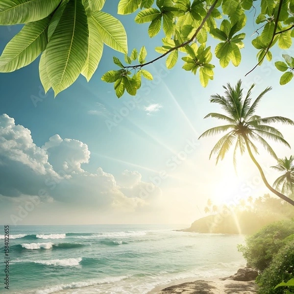 Fototapeta Sunny Summer Background with Tropical Elements – Photorealistic, Clean, Text-Friendly Composition