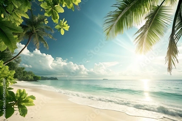 Fototapeta Sunny Summer Background with Tropical Elements – Photorealistic, Clean, Text-Friendly Composition