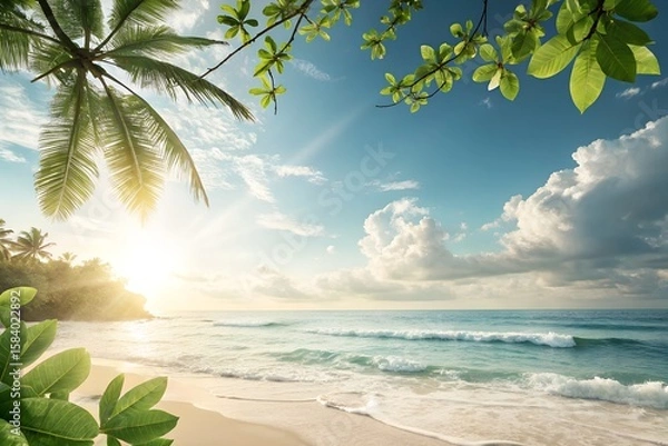 Fototapeta Sunny Summer Background with Tropical Elements – Photorealistic, Clean, Text-Friendly Composition