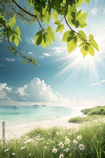 Fototapeta Sunny Summer Background with Tropical Elements – Photorealistic, Clean, Text-Friendly Composition
